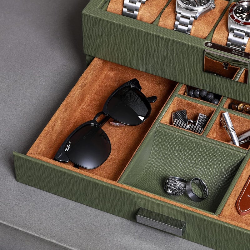 ROTHWELL 10-Slot Watch Box in Leather with Valet Drawer, Luxury Watch Case Display Organizer with Ultra Soft Microsuede Liner, Jewelry and Sunglass Holder With Large Glass top (Green/Tan) - Image 5